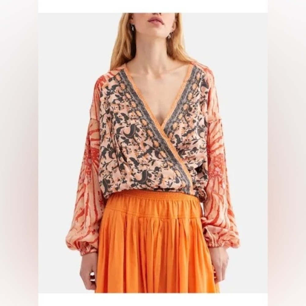 Free People Peach and Orange Floral Wrap Top